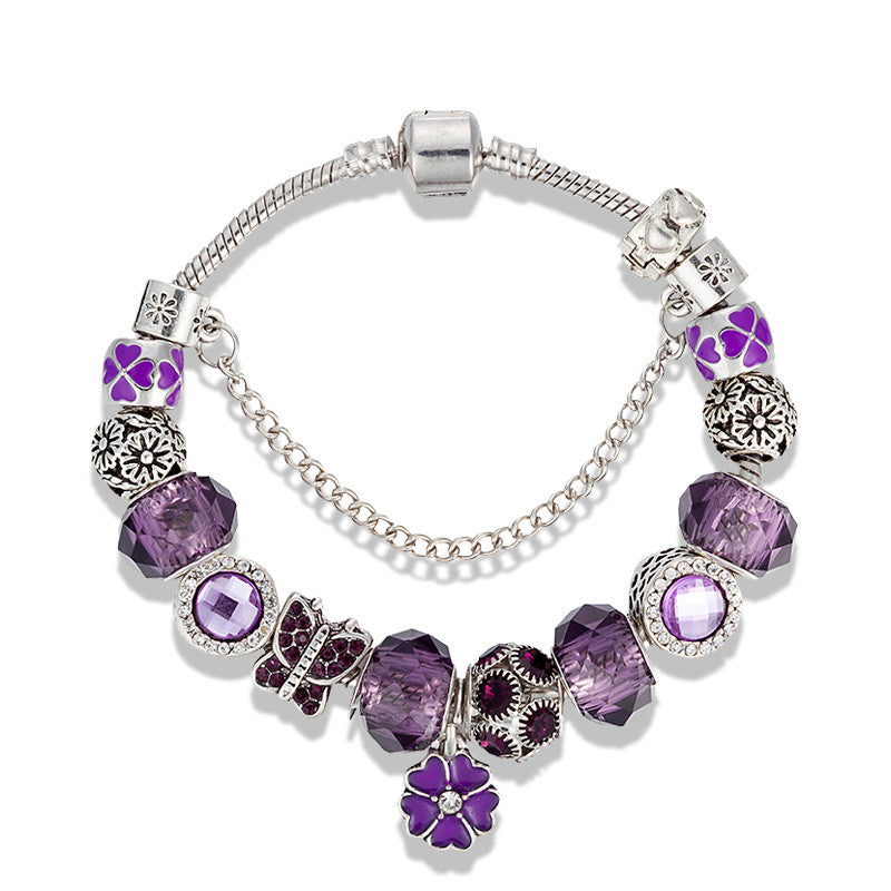 Glass Bead and Flower Charm Bracelet